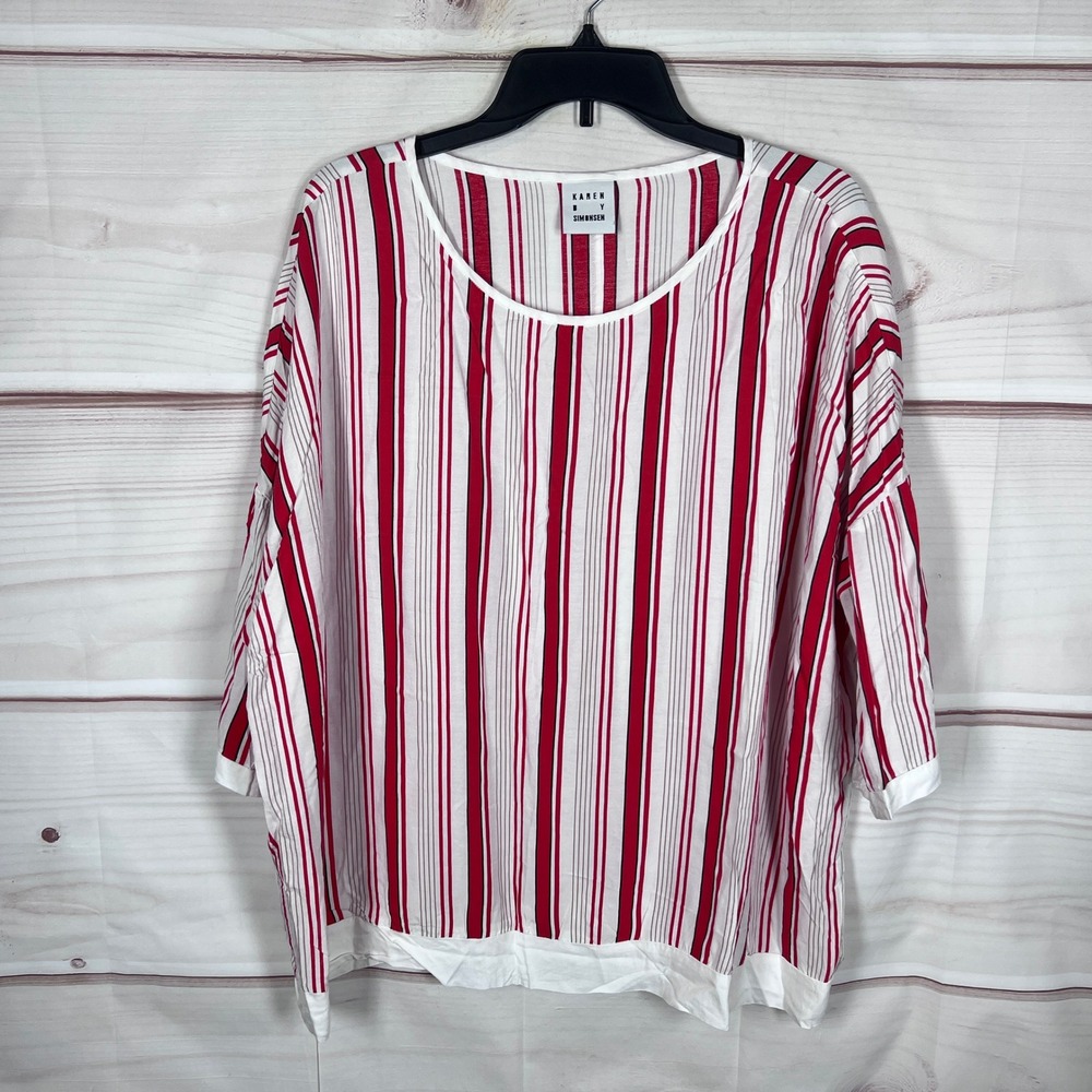 Karen By Simonsen Top Women 40 L Red White Striped Oversized Blouse Short Sleeve
